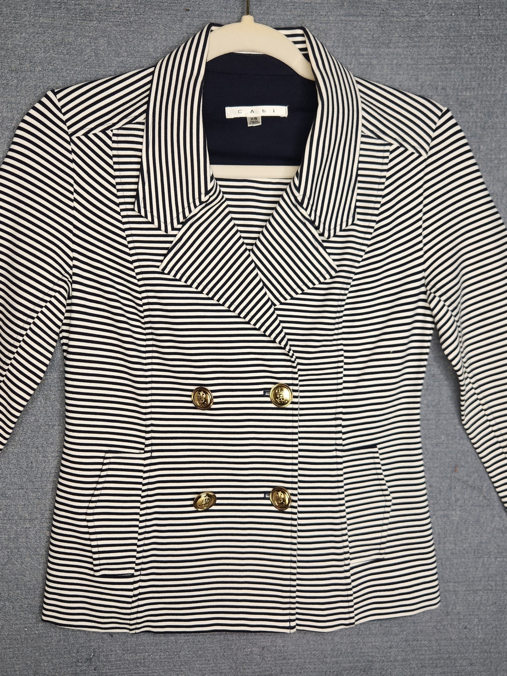 CAbi Navy and White Striped Jacket with Gold Accent Buttons